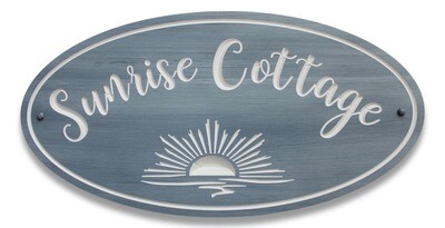 Custom Carved Oval PVC Whitewashed Blues Cottage Sign with sunrise / sunset carved graphics - Weather resistant.