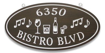Custom Carved Oval PVC stained wood effect Cottage Sign with Bar Glasses Music Notes Graphics - Weather resistant.