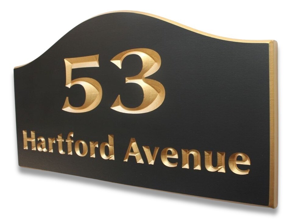 Custom PVC Weather Resistant Elegant Shaped House Number Sign Address Sign with Paint Numbers and Street Name and Beveled Edge Painted carving
