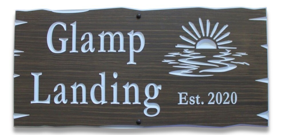 Custom Carved Rustic Edge PVC stained wood effect Cottage Sign with Sunrise/Sunset Graphic - Weather resistant.