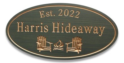 Custom Carved Oval PVC  stained wood effect Cottage Sign with Painted Adirondack chairs and firepit  graphics - Weather resistant.