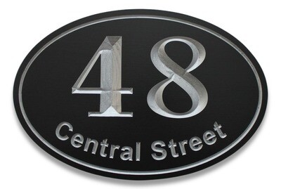 Custom Oval Address Sign - House Number Sign Painted With Metallic Gold or Silver Carving - Weather Resistant solid 3/4 inch thick PVC.