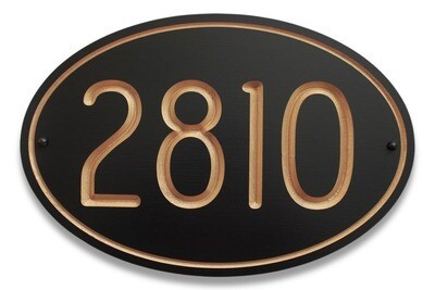 Custom Oval House Number Sign - House Number Plaque Painted With Metallic Gold or Silver Carving Art Deco Style Font - Weather Resistant solid 3/4 inch thick PVC.