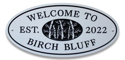 White Oval House  Sign - 22 inch Cottage Sign with Birch Trees Scene  With Painted Painted Precision Carved Text and Graphics - Weather Resistant solid 3/4 inch thick PVC.