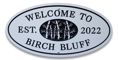 White Oval House Sign - Cottage Sign with Birch Trees Scene With Painted Painted Precision Carved Text and Graphics - Weather Resistant solid 3/4 inch thick PVC.