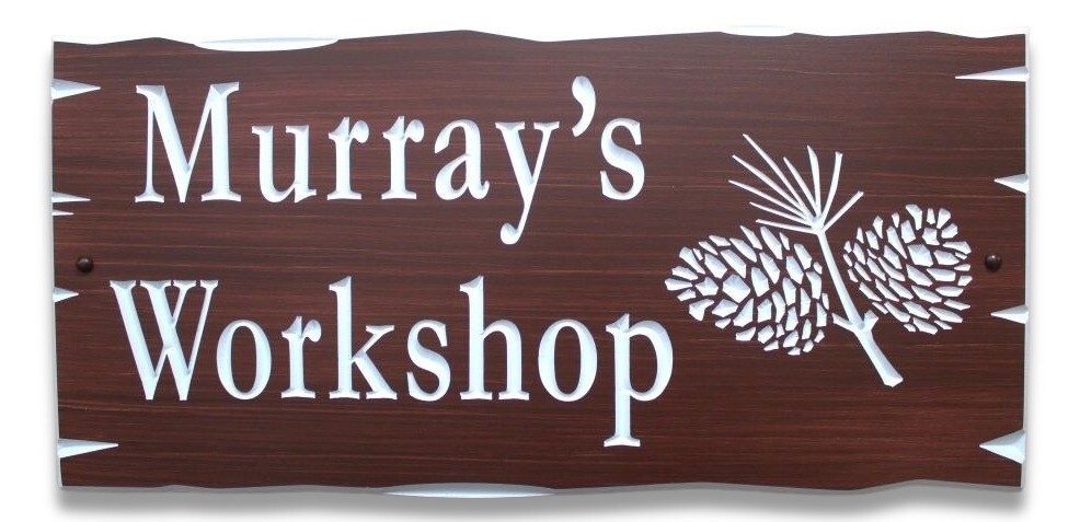 Custom Carved Rustic Edge PVC stained wood effect Cottage Sign with Pine Cone Graphic - Weather resistant.