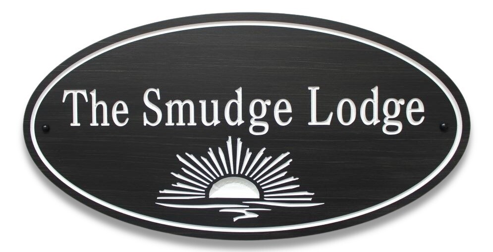 Custom Carved Oval PVC stained wood effect Cottage Sign with sunrise / sunset carved graphics - Weather resistant.