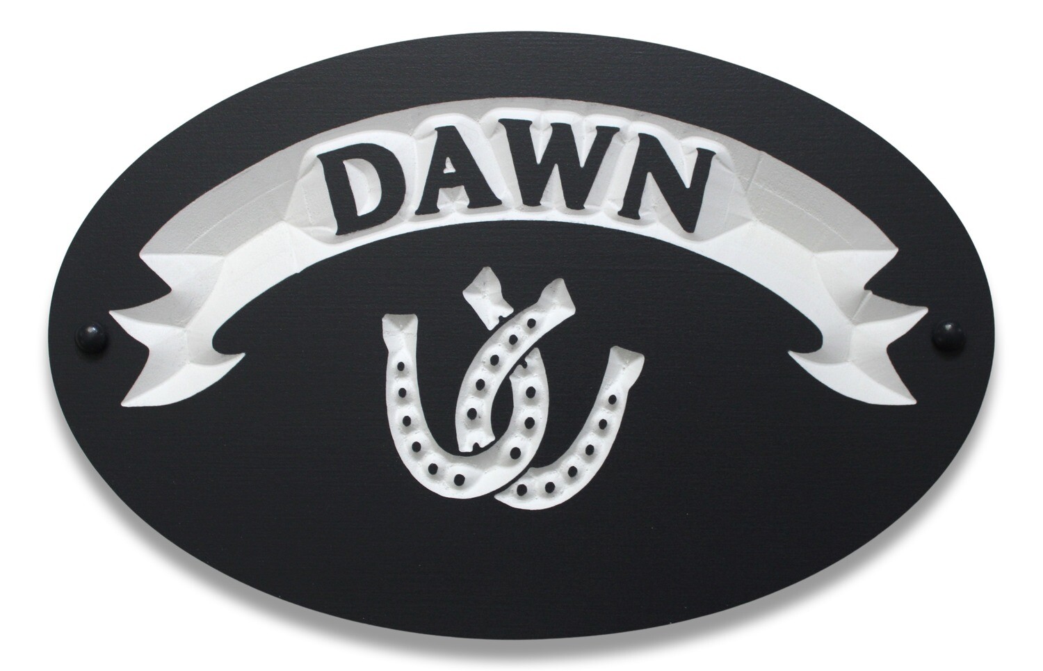 Custom Oval Painted PVC Horse Stall Sign - Barn Sign with Horse's Name > White Carved Banner > Double Horseshoes.