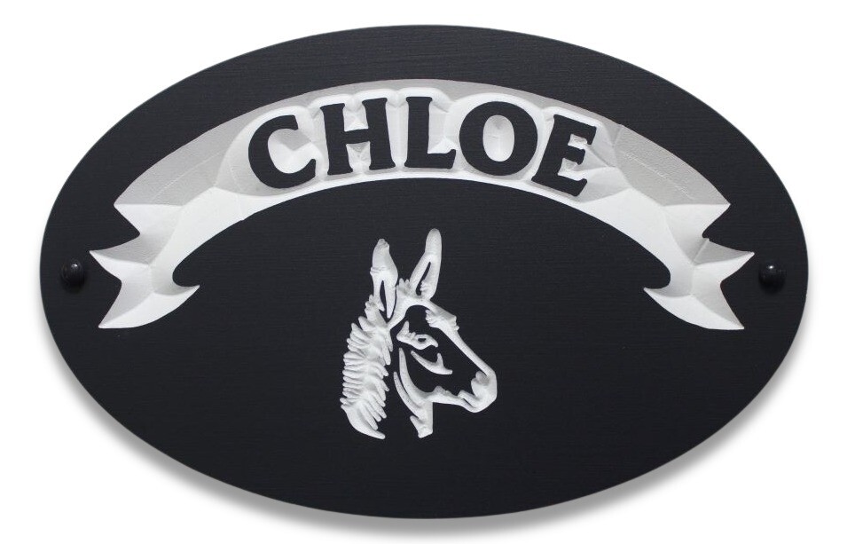Custom Oval Painted PVC Donkey Stall Sign - Barn Sign with Donkey's Name > White Carved Banner > Donkey head.