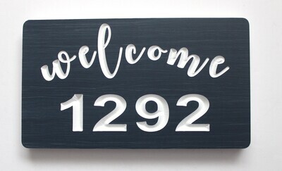 Custom weather resistant solid ¾ thick PVC Welcome House Number Sign | Stained Wood Look | White Carved Text and Number.