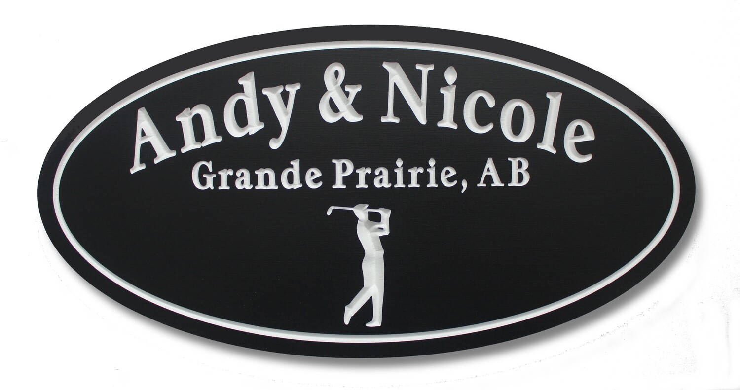 Custom Oval PVC Family Name Sign House Sign Cottage Sign Camp Sign with Carved Golfer- White Carving