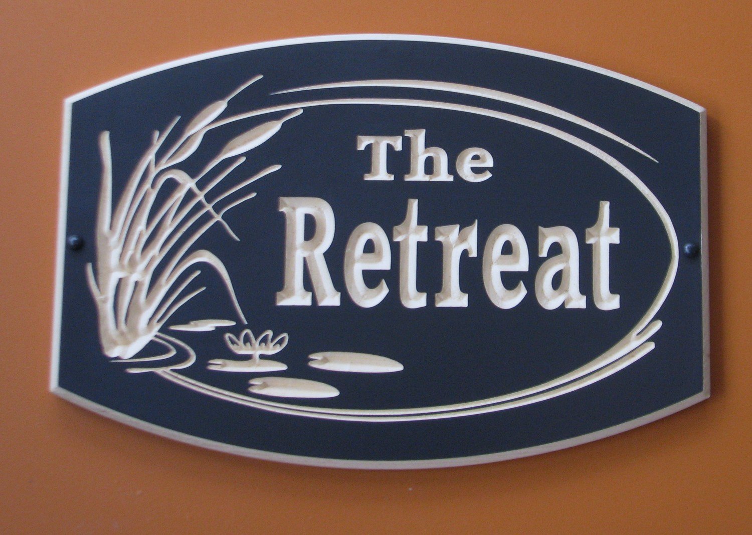 Custom Exterior Wood Cottage Sign with Carved Cattails and Lily Pads