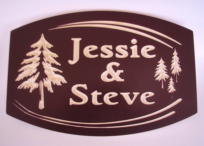 Custom Exterior Wood Cottage Sign with Carved Evergreen Trees