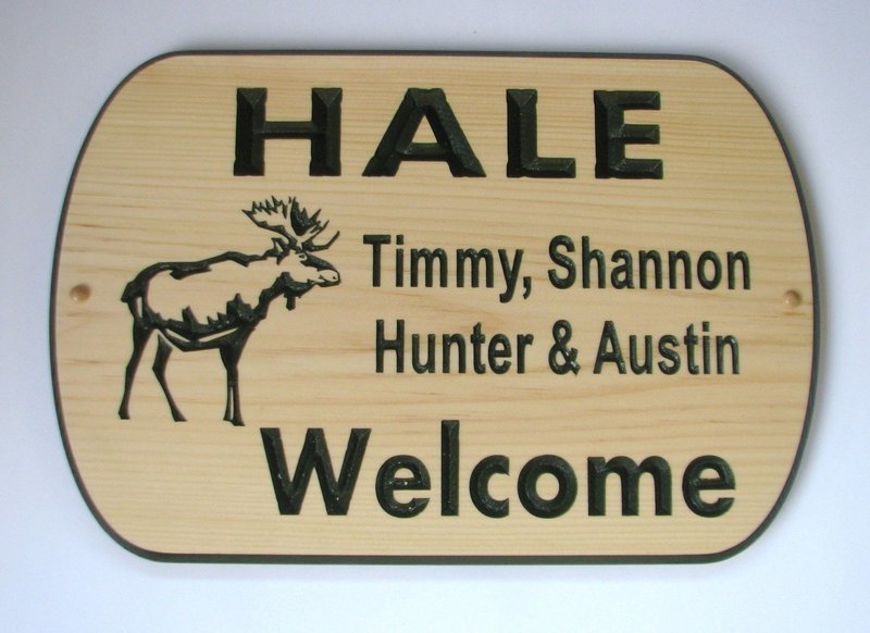 Custom Carved Pine Welcome sign with Painted Carving and Moose