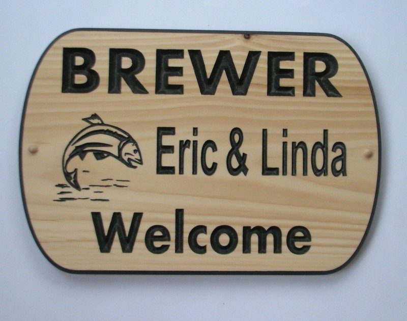 Custom Carved Pine Welcome sign with Painted Carving and Fish