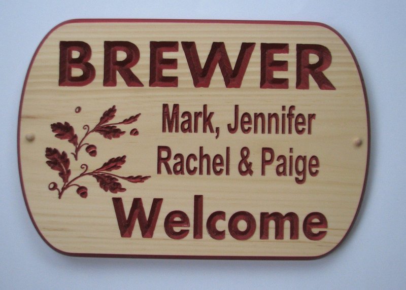 Custom Carved Pine Welcome sign with Painted Carving and Oak Leaves and Acorns