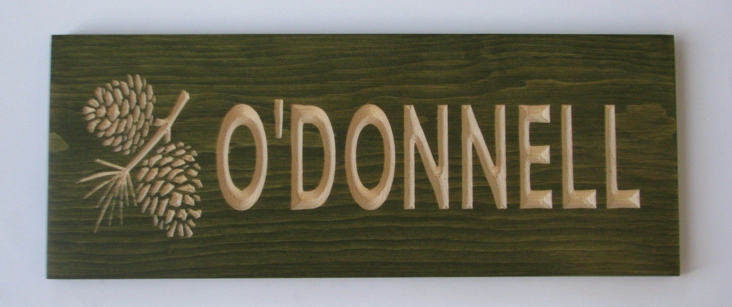 Custom Carved Stained Outdoor Wood Family Name Sign with Carved Pine Cone