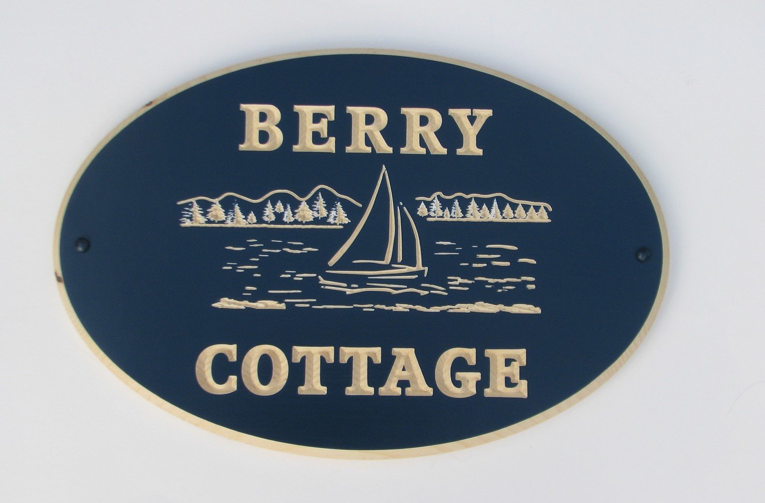Custom Exterior Wood Oval Cottage Sign with Carved Lake and Sailboat Scene