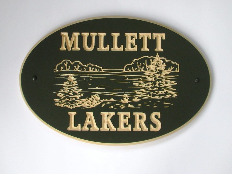 Custom Exterior Wood Oval Cottage Sign with Carved Lake Scene