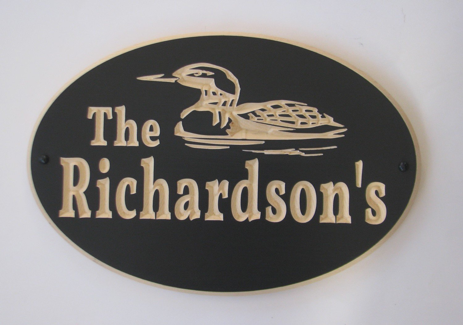 Custom Exterior Oval Wood Sign with Carved Loon