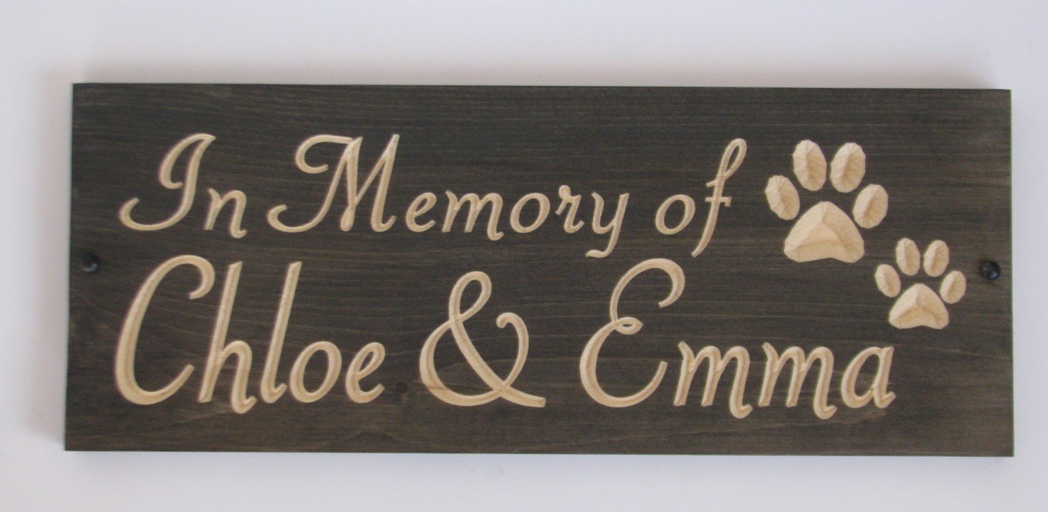 Custom Carved Stained Outdoor Wood Pet Memorial Sign with Pawprints