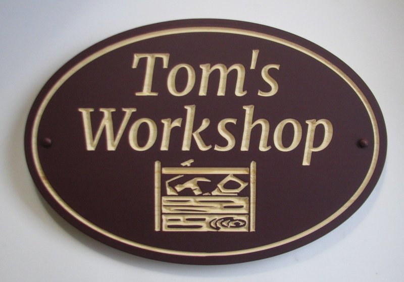 Custom Exterior Oval Wood Sign with Carved Toolbox