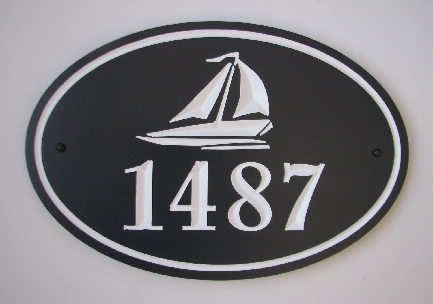 Custom Oval Painted Wood House Number with Carved Sailboat
