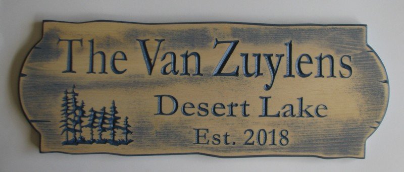 Personalized Rustic Blue Stained Distressed Look Outdoor Wood Sign with Carved Trees