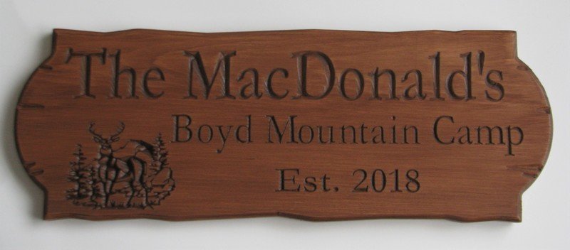 Personalized Rustic Stained Outdoor Wood Sign with Carved Deer and Trees