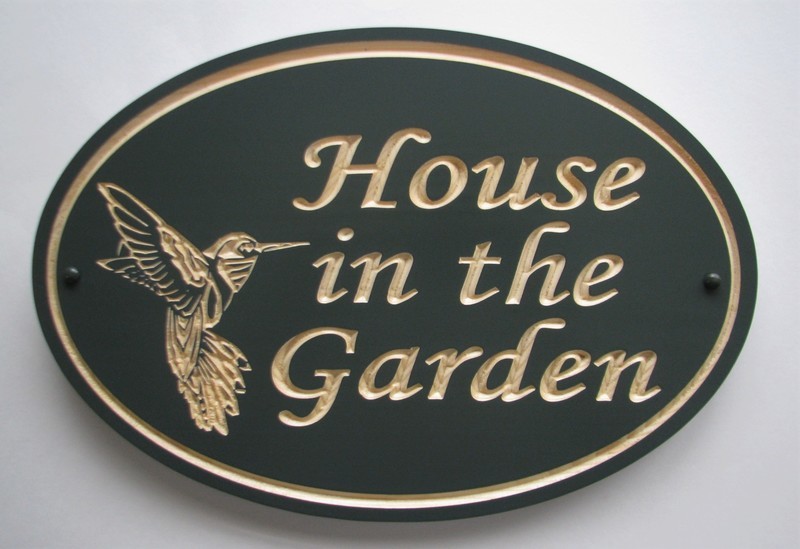 Custom Exterior Oval Wood Sign with Carved Hummingbird