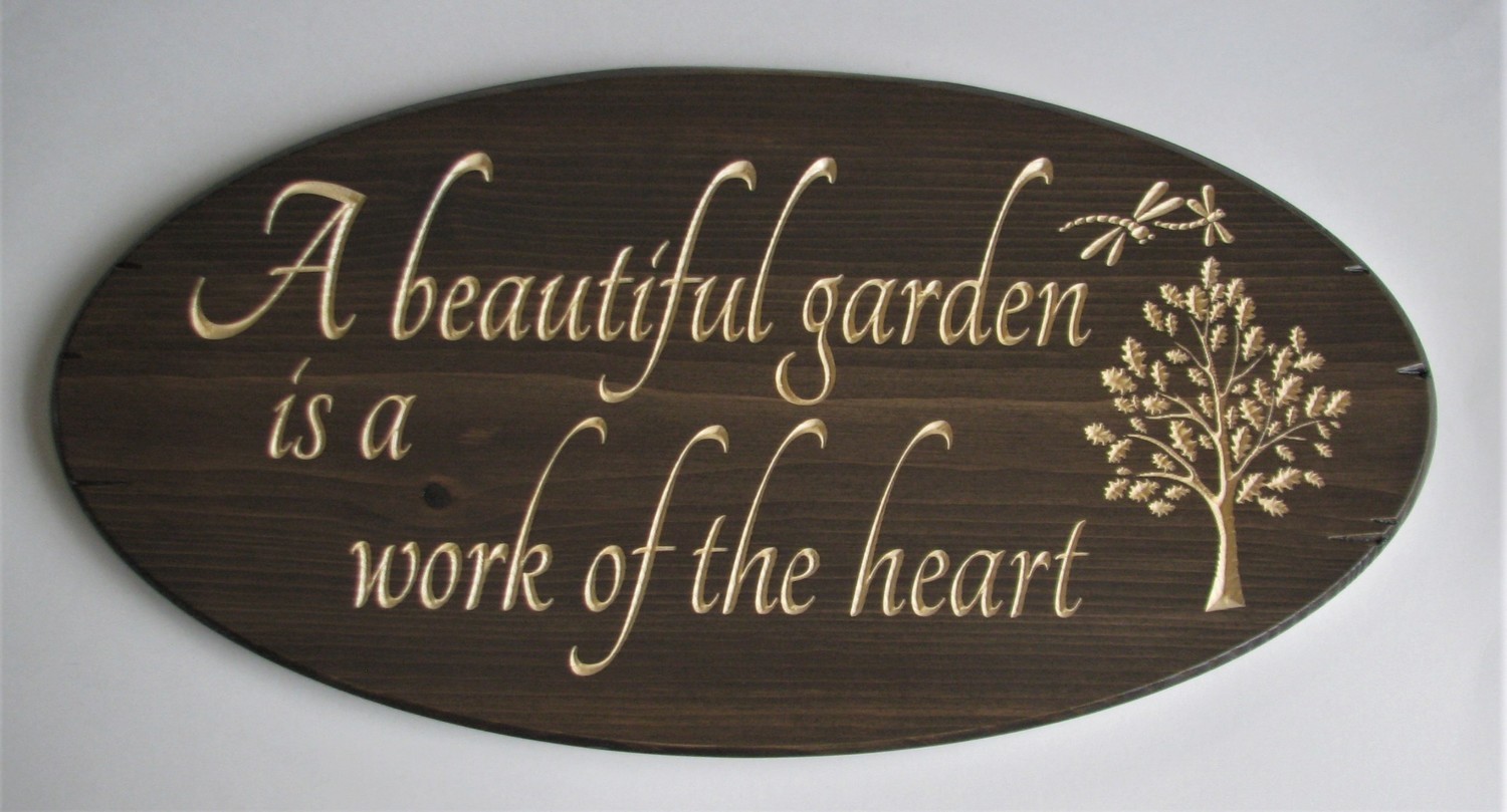 Stained Oval Wood Sign Rustic Garden Sign with carved Oak Tree and Dragonflies