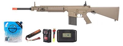 Ares Sr25 Ris Sniper Airsoft Aeg Rifle - Battery-Adapter-Charger Combo - Tan