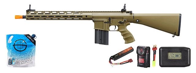 Golden Eagle Airsoft SR-25K W/ URX4 M-LOK Handguard &amp; Full Stock - Battery-Adapter-Charger Combo - Tan