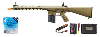 Golden Eagle Airsoft SR-25K W/ URX4 M-LOK Handguard &amp; Full Stock - Battery-Adapter-Charger Combo - Tan