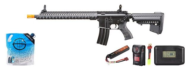 Atlas Custom Works 14.5&quot; Diamond Head Style M4 Aeg Airsoft Rifle - Battery+Adapter+Charger Combo - Black