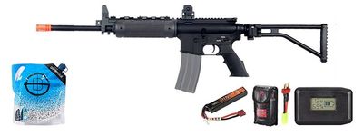 Atlas Custom Works M4 Gr-300 Long Version Airsoft Aeg Rifle W/ Folding Stock - Battery+Adapter+Charger Combo - Black