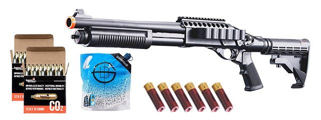 Golden Eagle M8873 3/6-shot Pump Action Co2 Airsoft Shotgun W/ Optic Rail &amp; M4 Crane Stock - CO2/Shell Combo - Black