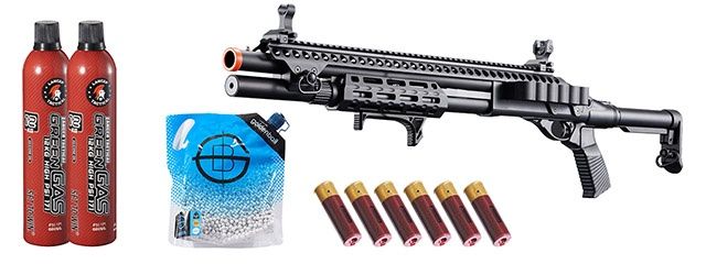 Golden Eagle M8875 3/6-shot Pump Action Gas Airsoft Shotgun W/ Flip Up Sights, M-lok, Picatinny Rail &amp; M4 Buffer Stock - Green Gas/Shell Combo - Black