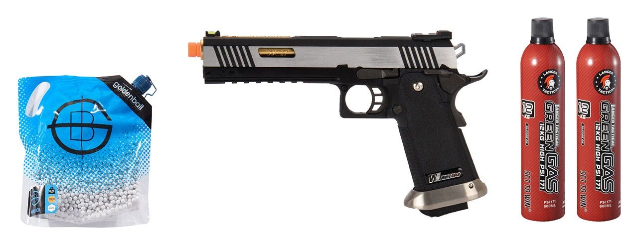 WE Tech 1911 Hi-Capa T-Rex Competition Gas Blowback Airsoft Pistol w/ Sight Mount &amp; Top Ports - Green Gas Combo -  Silver/Black