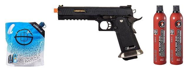 WE-Tech Hi-Capa 6&quot; IREX Full Auto Competition Pistol -Green Gas Combo-Black/Gold Barrel/With Markings