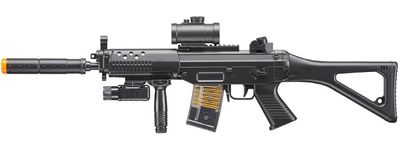 M82P AEG Plastic Gear SG w/Flashlight, Laser, Red Dot Scope, Silencer, Vertical Grip &amp; Side Folding stock