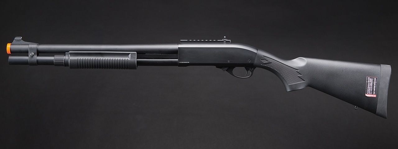 Golden Eagle M870 3/6-Shot Pump Action CO2 Airsoft Shotgun w/ Mock Shell Tube &amp; Ghost Ring Iron Sights, COLOR: Black