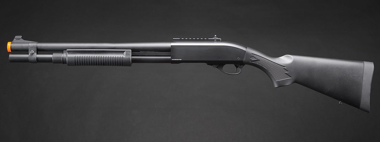 Golden Eagle M870 3/6-Shot Pump Action Gas Airsoft Shotgun w/ Mock Shell Tube &amp; Ghost Ring Iron Sights, COLOR: Black