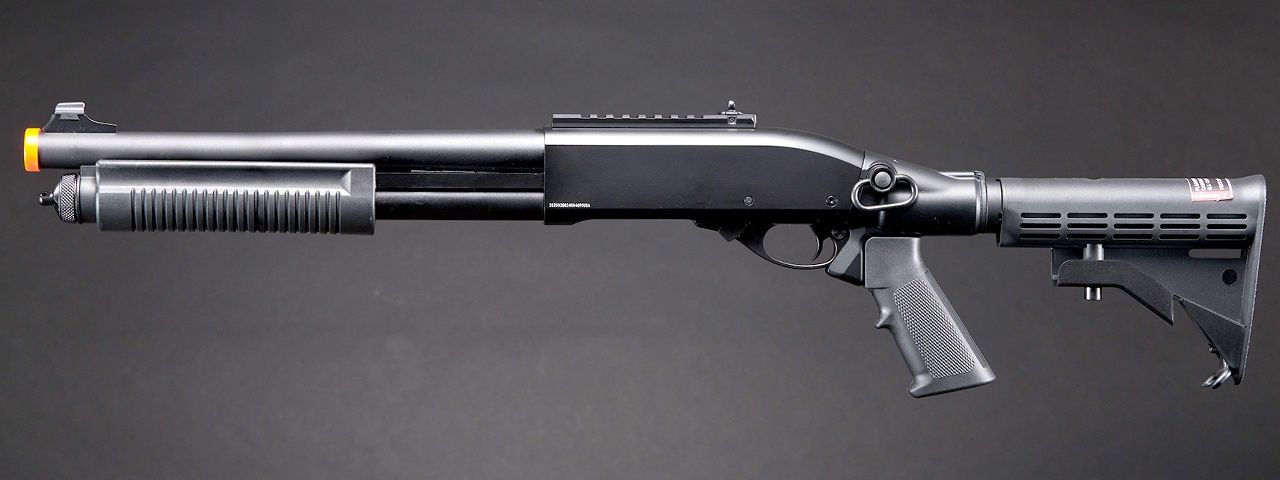 Golden Eagle M8871 3/6-Shot Pump Action CO2 Gas Airsoft Shotgun w/ Ghost Ring Iron Sights &amp; M4 Crane Stock, COLOR: Black