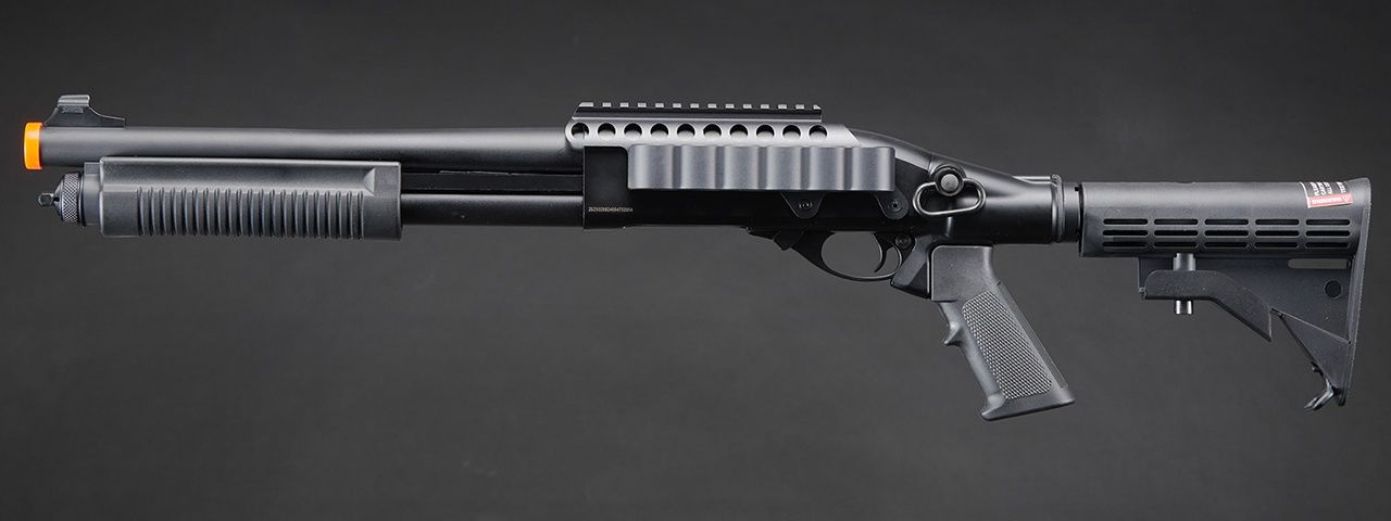 Golden Eagle M8873 3/6-Shot Pump Action CO2 Airsoft Shotgun w/ Optic Rail &amp; M4 Crane Stock, COLOR: Black