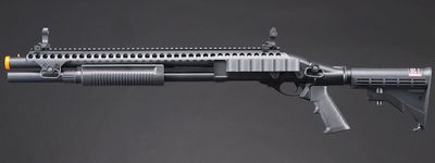 Golden Eagle M8874 3/6-Shot Pump Action CO2 Airsoft Shotgun w/ Flip Up Sights, Picatinny Rail &amp; M4 Crane Stock