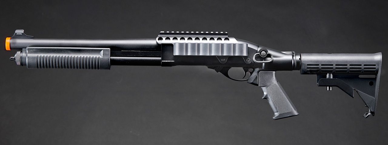 Golden Eagle M8873 3/6-Shot Pump Action Gas Airsoft Shotgun w/ Optic Rail &amp; M4 Crane Stock, COLOR: Black