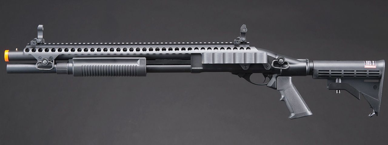 Golden Eagle M8874 3/6-Shot Pump Action CO2 Airsoft Shotgun w/ Flip Up Sights, Picatinny Rail &amp; M4 Crane Stock, COLOR: Black