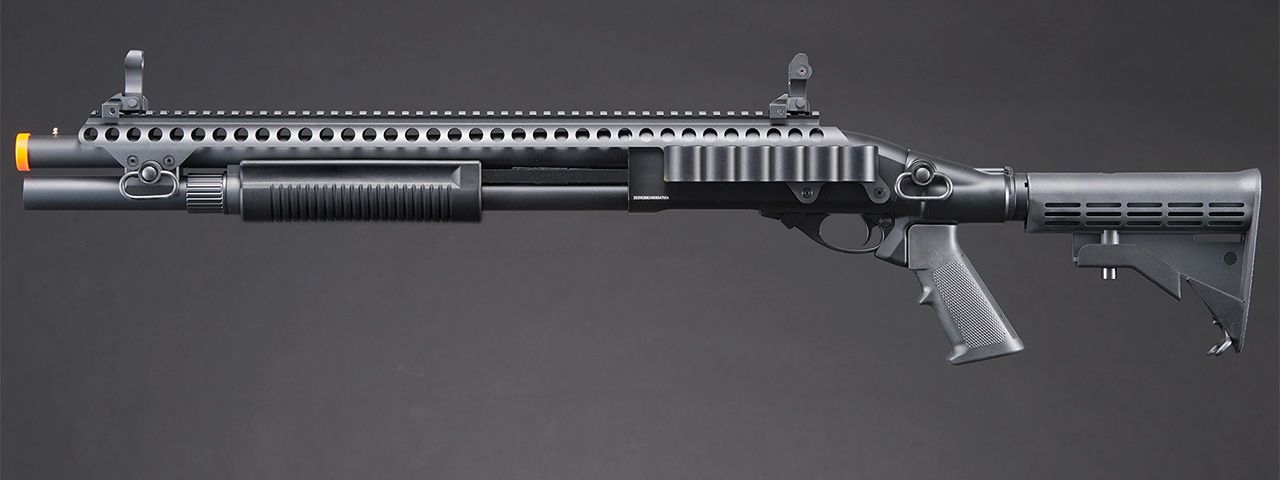 Golden Eagle M8874 3/6-Shot Pump Action Gas Airsoft Shotgun w/ Flip Up Sights, Picatinny Rail &amp; M4 Crane Stock, COLOR: Black