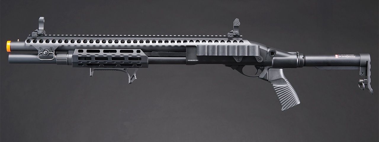 Golden Eagle M8875 3/6-Shot Pump Action CO2 Airsoft Shotgun w/ Flip Up Sights, M-LOK, Picatinny Rail &amp; M4 Buffer Stock, COLOR: Black